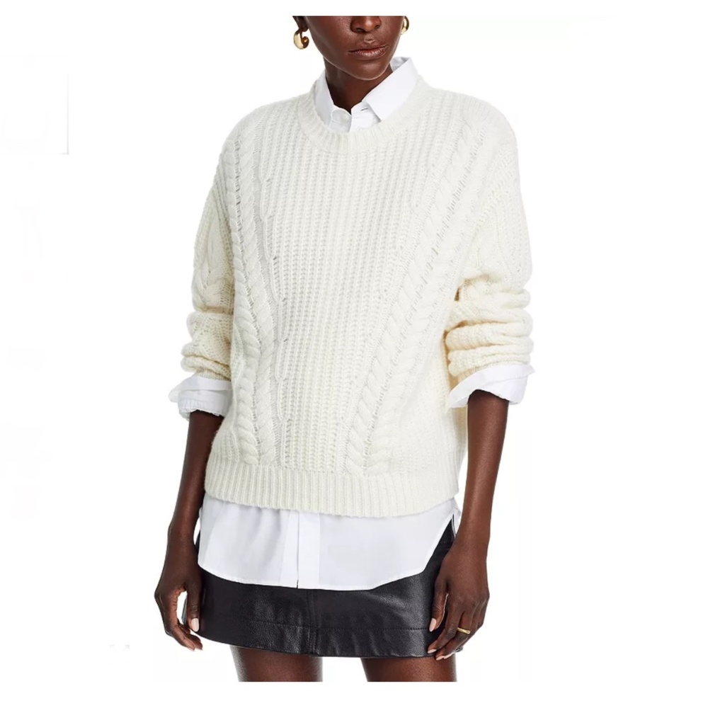 Luxurious 100% Cashmere Crewneck Cable Knit Sweater By Aqua in White Cream